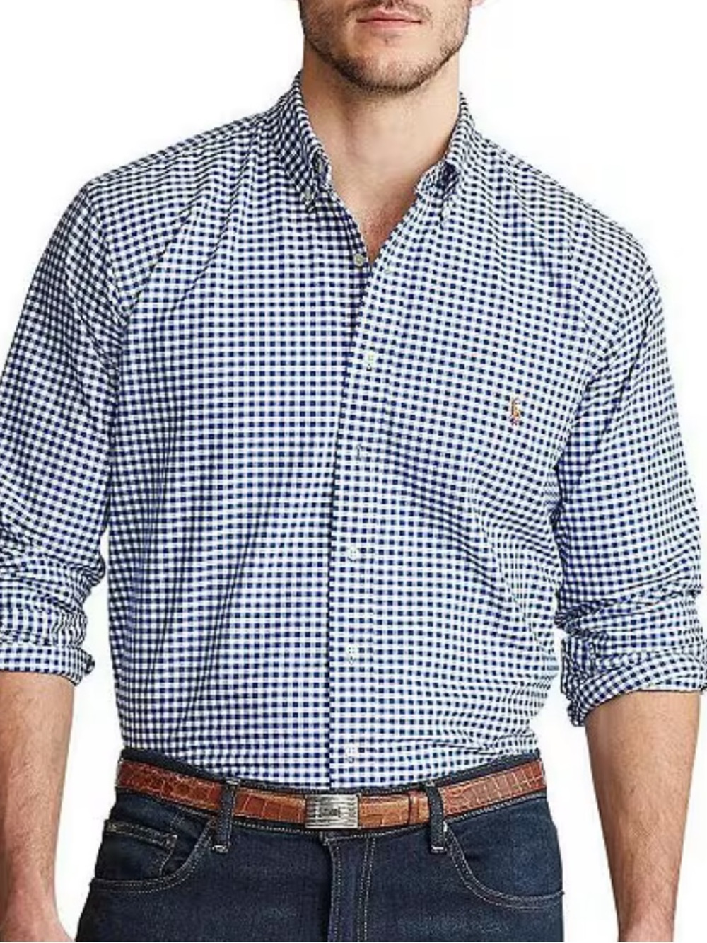 Ralph Lauren Gingham Check Button Down Shirt Mens 2XB Blue White Preppy Classic